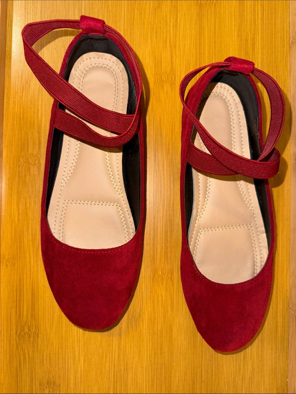 SHEIN Red Suede Ballet Flats with Ankle Straps